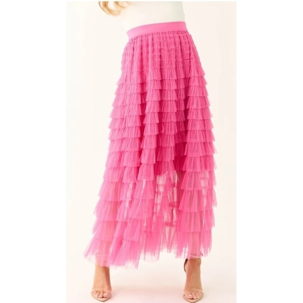 Coquette Fairy Tulle Pink Tiered Womens Maxi Skirt Medium Sheer Ethereal Kawaii - Picture 2 of 14